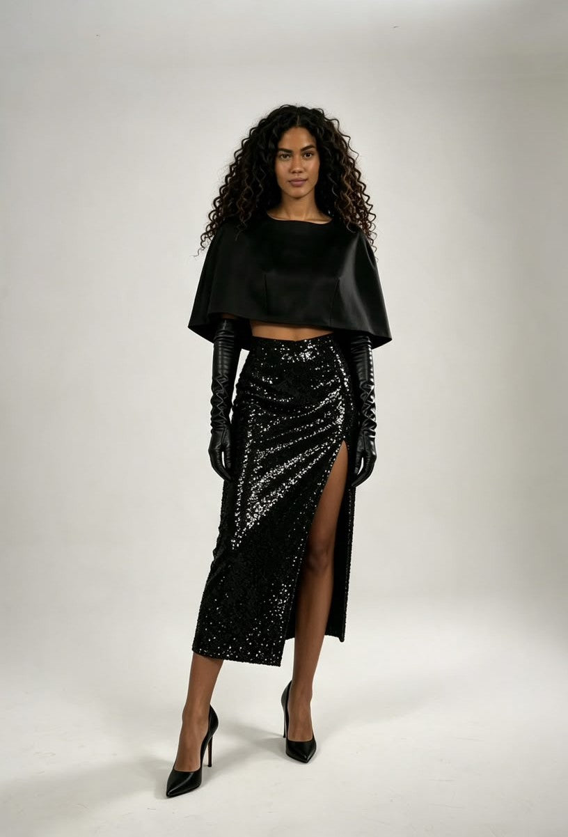 black sequin midi skirt